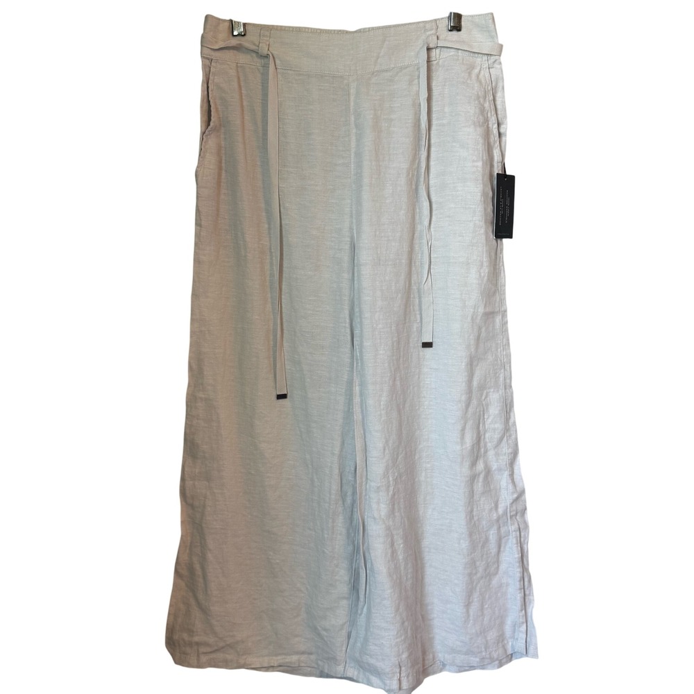 Halston Linen Wide Leg Pants Belted Cropped‎ Casual Womens L Stretch Waist White - Picture 2 of 10